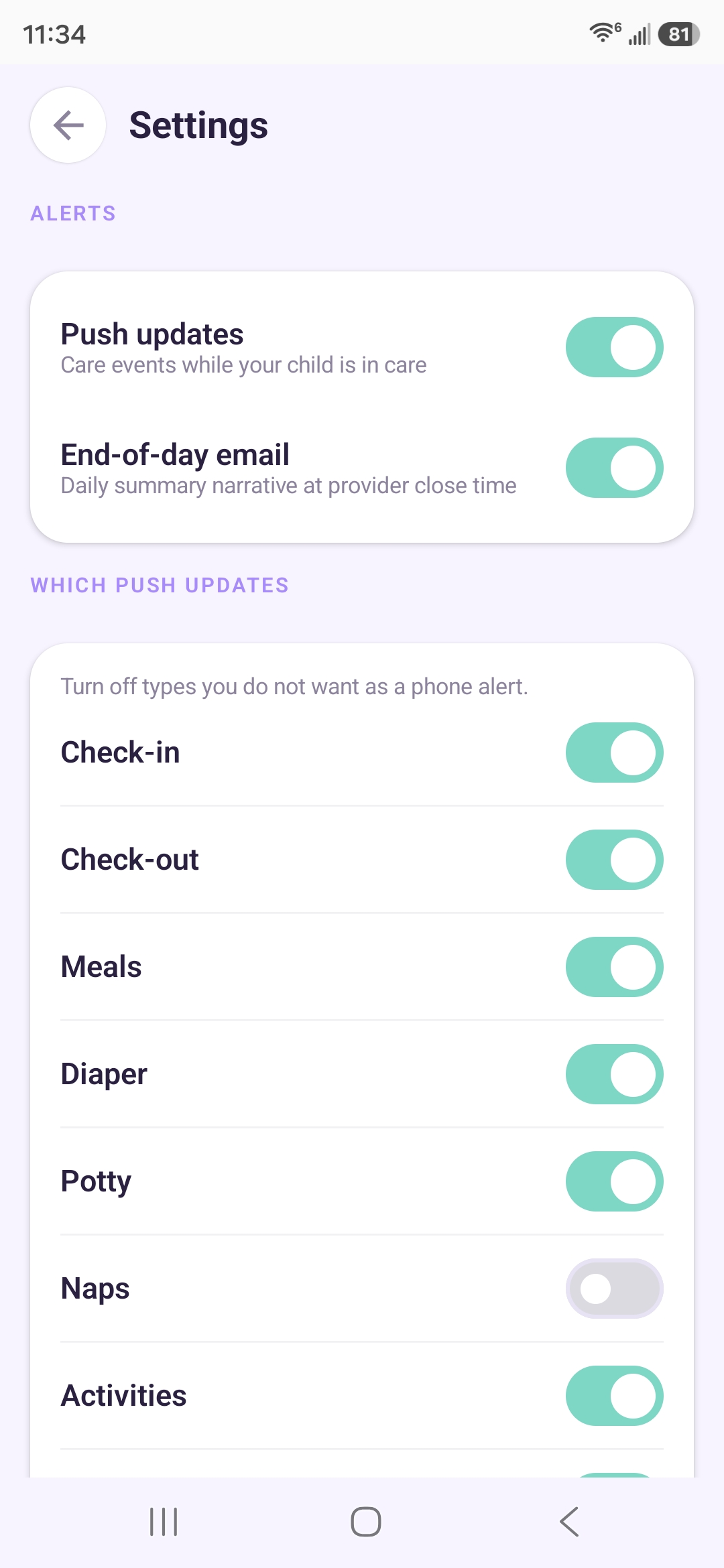 Parent notification settings with per-event push toggles