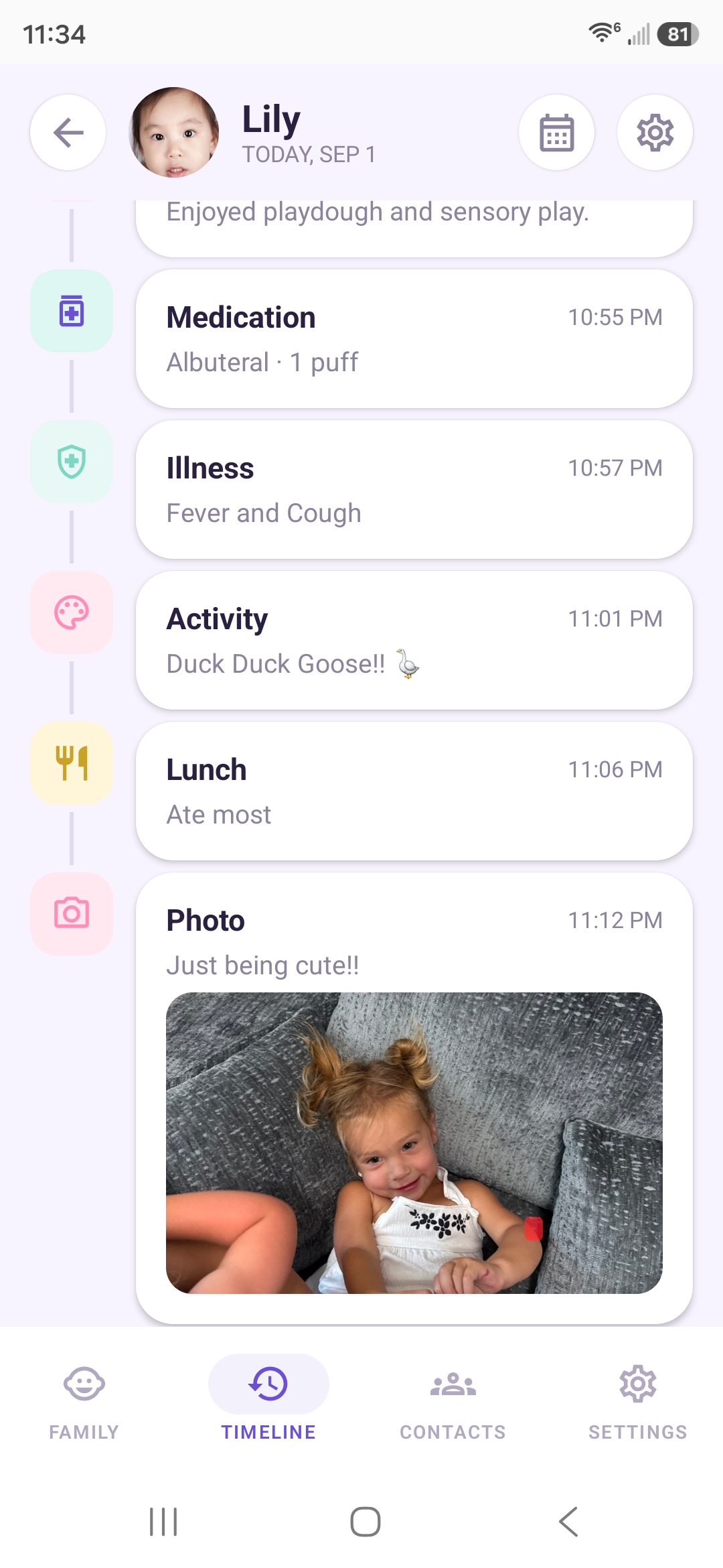 Parent timeline with meals, medication, activity, and a photo