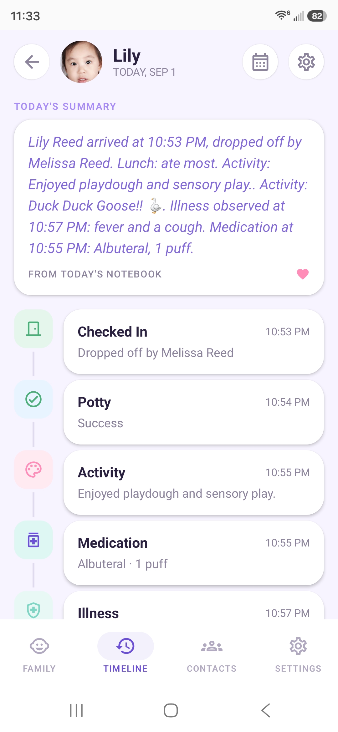 Parent app showing today's summary narrative for Lily Reed