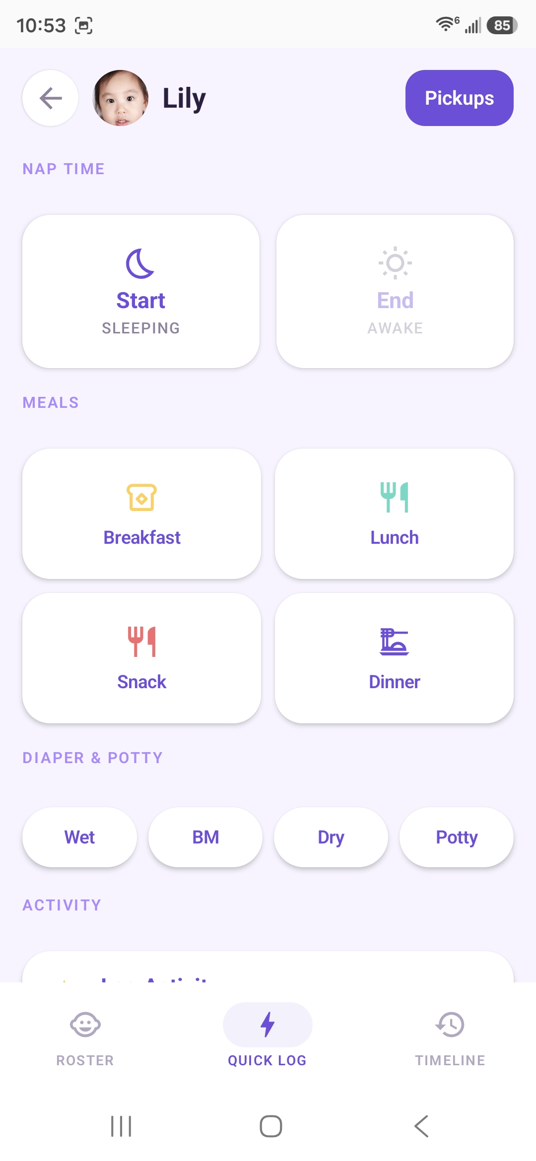 Staff Quick Log with meals, nap, diaper, and activity actions