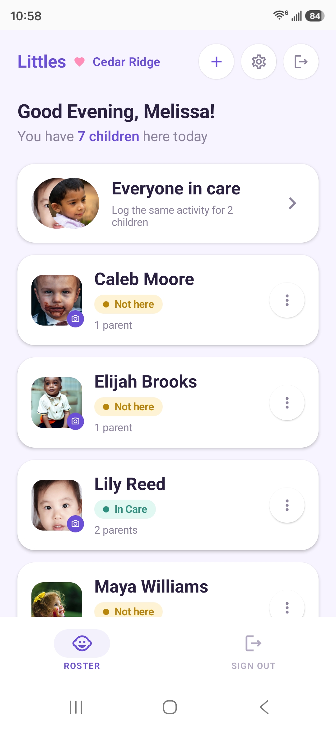 Staff roster with children in care at Cedar Ridge